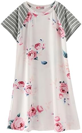 COONITA Girls Kids Floral Print A-line Short Sleeve Knee Length T-Shirt Dresses