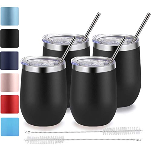 Stemless Wine Tumbler with Lid and Straw, Bastwe 4 Pack 12oz Stainless Steel Wine Glass, Double Wall Insulated Wine Tumbler for Champagne, Cocktail, Beer, Coffee, Drinks (Black) - Thumbnail 7