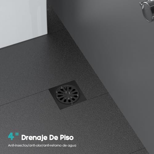 Regadera Cuadrada Negra de 30 cm, Regaderas para Baño Cuadrada con Tubo 40 cm Alta Presion, Resumidero Cuadrado(10 x 10 cm) y Manerales en Negro Mate