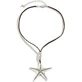 Retro Starfish Pendant Velvet Necklace for Women Vintage Antique Silver Bohemian Large Sea Star Charm Brown Leather Chain Beaded Choker Boho Exaggerated Vacation Summer Beach Ocean Trendy Jewelry