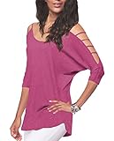 iGENJUN Women's Casual Loose Hollowed Out Shoulder Three Quarter Sleeve Shirts,L, Berry