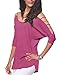 iGENJUN Women's Casual Loose Hollowed Out Shoulder Three Quarter Sleeve Shirts,L, Berry