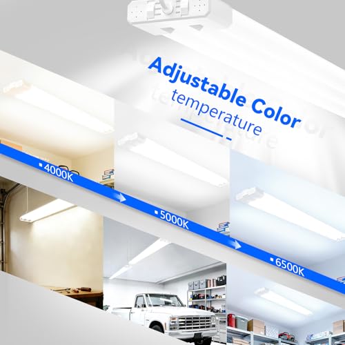 JESLED Linkable LED Shop Light for Garage, 4FT, 7500LM, Adjustable Power 30W/40W/50W, 3CCT 4000K/5000K/6500K, Plug-in Linear Worklight for Workshop, Hang or Flush Mount, ETL, EMC, FCC, White, 4-Pack