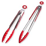 Stainless-Steel Locking Kitchen Tongs Set Of 2, 9 And 12Inch With Silicone Tips, Barbecue Tools, Red