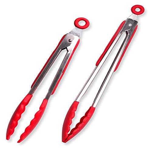 Stainless-Steel Locking Kitchen Tongs Set Of 2, 9 And 12Inch With Silicone Tips, Barbecue Tools, Red