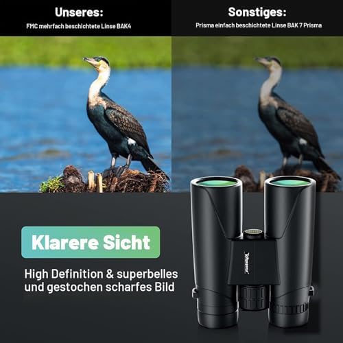 Fernglas 12x42 HD Kompakte Ferngläser wasserdicht für Vogelbeobachtung, Jagd, Wandern, Sightseeing, FMC-Linse Feldstecher inkl. Tragetasche, Tragegurt und Smartphone-Adapter