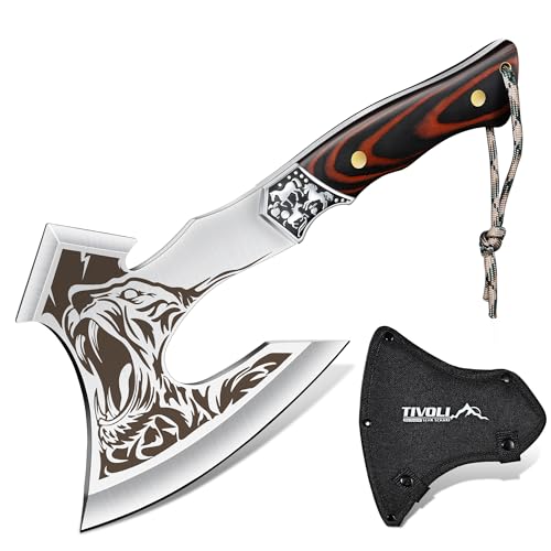 TIVOLI Spaltaxt mit Tigermotiv, Hochwertiger Kohlenstoffstahl, Full-Tang Freizeitbeil Handbeil, Campingaxt für Jagd, Trekking, Garten