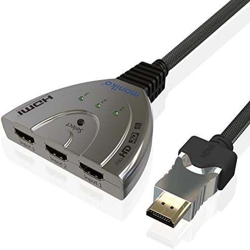 3 Ports HDMI Switch Moniko High Speed HDMI Splitter with Pigtail Cable Support 4K x 2K,1080P, 3D, HD Video