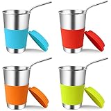 Stainless Steel Cups with Lids and Straws, Kereda 4 Pack 16 oz. Drinking Tumblers Eco-Friendly BPA-Free with Brush for Adults, Kids and Toddlers