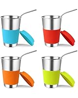 Stainless Steel Cups with Lids and Straws, Kereda 4 Pack 16 oz. Drinking Tumblers Eco-Friendly BPA-Free with Brush for Adults, Kids and Toddlers