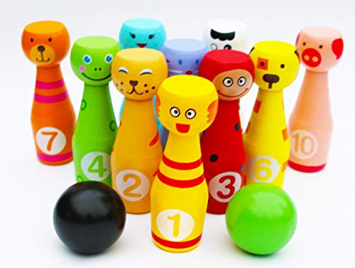 TOWO Wooden Skittles for Children - Wooden Skittle Set with Animal Faces and Numbers - Large 10 pin Bowling Set for Kids - Wooden Toys for 2 Year Old - Thumbnail 7