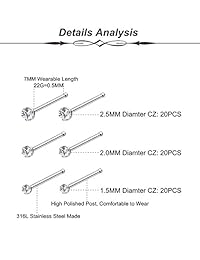 Revolia - 60   120 piercings de acero inoxidable 316L de 0.78 oz para nariz, 0.059-0.098 in, acero inoxidable, SBPR54-60-S