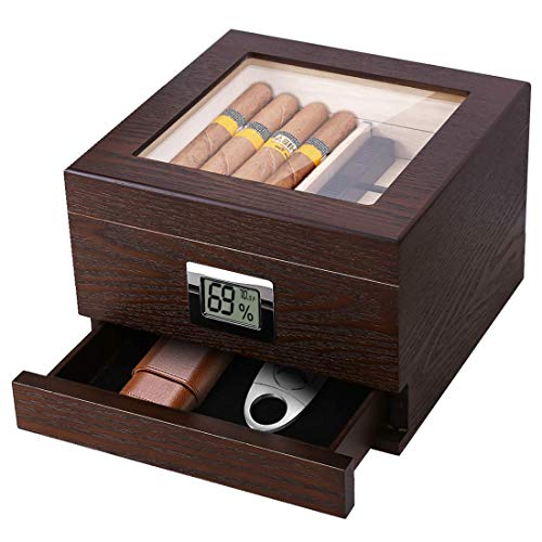 thumbnail image 2 of Ecojoy Desktop Cigar Humidor Box - Holds 30-50 Cigars, With Built-in Hygrometer (Walnut Finish) 2 of 6