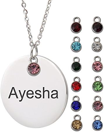 HUAN XUNCustom Name Necklace with Birthstone Engraved Disc Monogram Initial