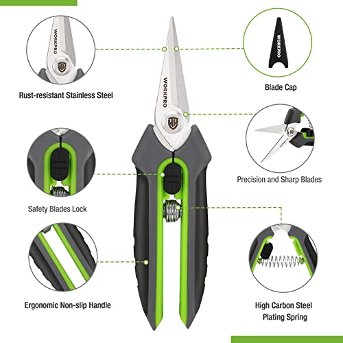 WORKPRO 2 Packs Pruning Shears, 6.5” Gardening Scissors Snips Clippers with Precision Blades, Hand Pruner Set with Sheath