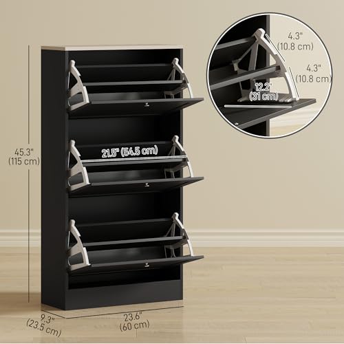 HOMCOM Narrow Shoe Cabinet, Shoe Storage Cabinet with 3 Flip Drawers and Adjustable Shelves for Hallway, Entryway, Holds 12-18 Pairs, Black