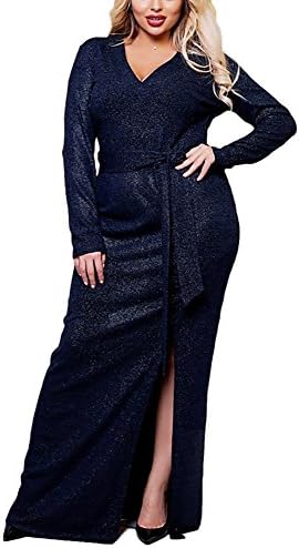 COCOEPPS Women's Sexy V Neck Long Sleeve Plus Size Split Winter Shiny Evening Party Dresses lan XL