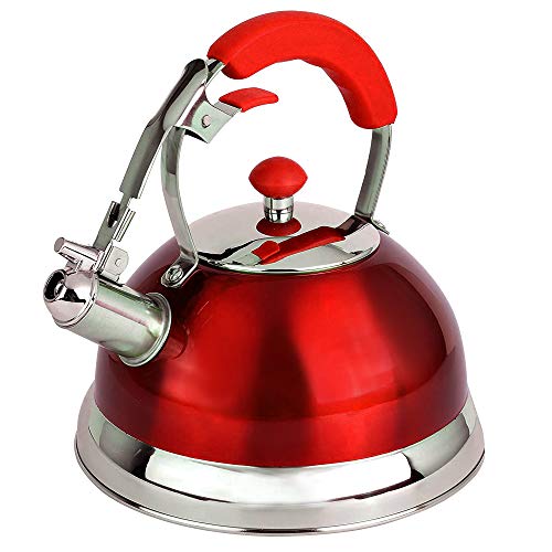 UNIWARE 3077-RED Premium Quality 18/10 Food Grade Heavy Gauge Stainless Steel Whistling Tea Kettle with Ergonomic 1 Push Soft Grip Handle Stovetop, 13 cups, 2.7 qt, Ruby (Best Quality Tea Kettle)