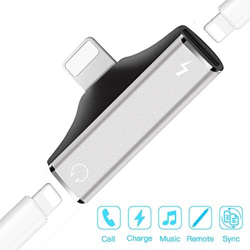 Dual Port Adapter & Splitter, TINICR 2 in 1 Headphone Audio & Charge Dongle Compatible for Phone XS, XS Max, XR, X, 8/8 Plus, 7/7 Plus, Supports i-OS 10 11 12 or Later – Silver