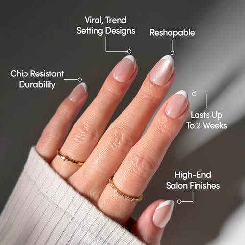 Glamnetic Press On Nails - Angelic Touch | Short Oval Fake Nails in a Delicate Nude Base with White French Tips and a Velvet Finish, Salon Quality | 15 Sizes - 30 Nail Kit with Glue