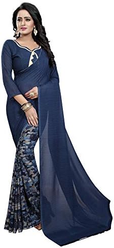 ETHNICMODE Women's Georgette Fabrics Multi-Colored Printed Sari with Blouse Piece (Fabric) Half Ink