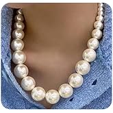 Jumwrit Boho Pearl Choker Necklace Golden Chunky Cuban Link Chain Necklace Statement Big Pearl Necklace Punk Thick Necklace Adjustable Beaded Necklace for Women