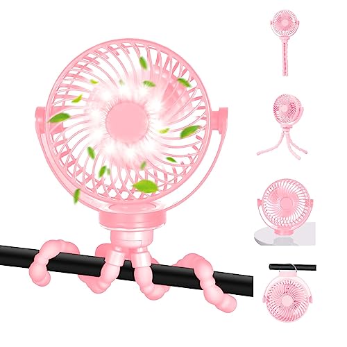 Drosica 5200mAh Stroller Fan, Battery Operated Fan Mini Fan Portable with LED Lights and 3 Speed Rotatable Handheld Fan for Car Seat Crib Bike Treadmill (Pink)