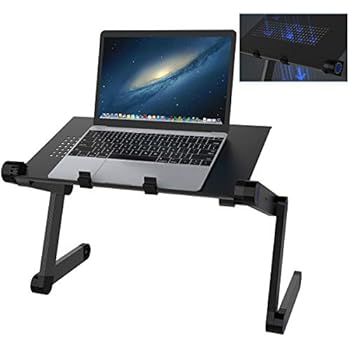SLYPNOS Adjustable Laptop Stand Folding Portable Standing Desk Ventilated Aluminum Laptop Riser Tablet Holder Notebook Tray with 2 Edge Stoppers for Desk Bed Couch Sofa Floor, Black