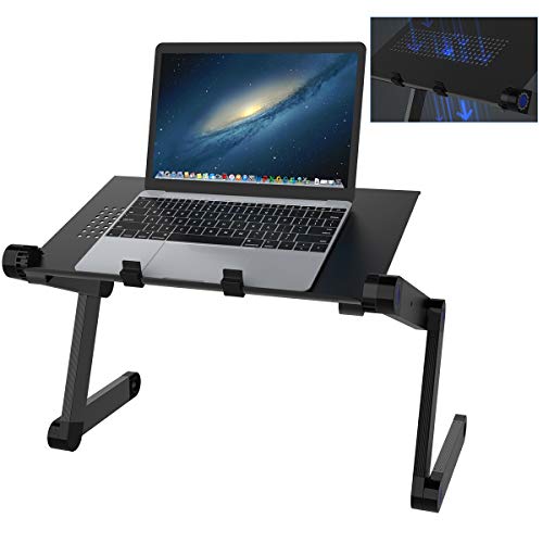 SLYPNOS Adjustable Laptop Stand Folding Portable Standing Desk Ventilated Aluminum Laptop Riser Tablet Holder Notebook Tray with 2 Edge Stoppers for Desk Bed Couch Sofa Floor, Black