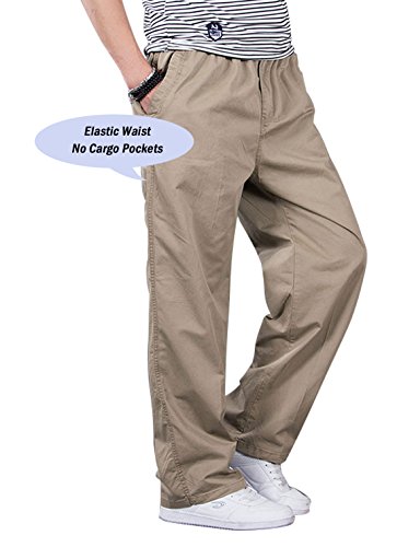 Chartou Men's Active Elastic-Waist Loose Fit Cargo Pants Trousers (Large, Tan)