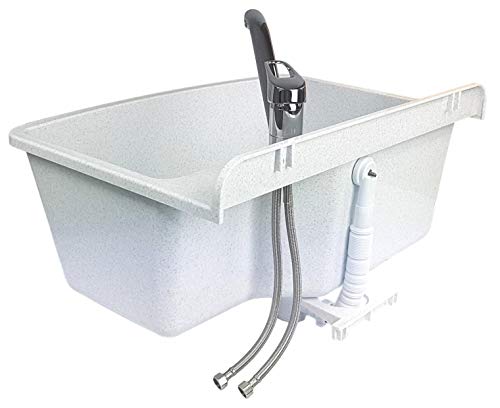 GOSPO Ausgussbecken mit stehende Armatur, Waschbecken 61 cm x 44 cm x 23,5 cm, Waschtrog mit Überlauf und Siphon… – Bild 4