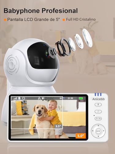 Camara Vigilancia Bebe 720P HD 5", Vigilabebés con Cámara y Audio sin WiFi, Pan Tilt Zoom 2X/4X, Batería 3500mAh con 100H en Modo VOX, Alcance 300m, Visión Nocturna, Alertas de Temperatura y Llanto