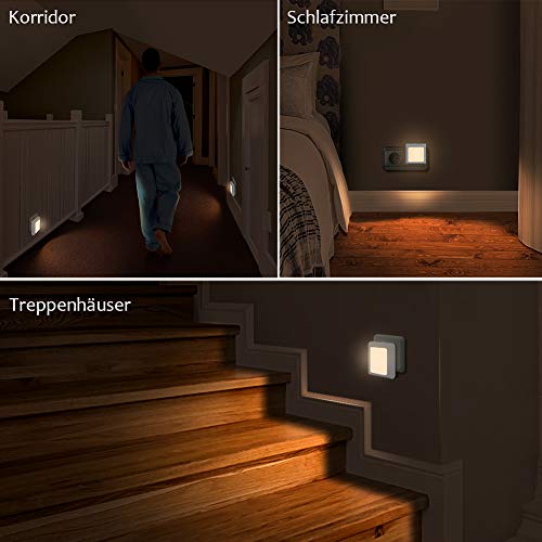 Emotionlite Night Light with Twilight Sensor, 2 Pieces Brightness Infinitely Adjustable Very Good for Children's Room, Stairs, Bedroom, Kitchen, Orientation Lamp, Warm White