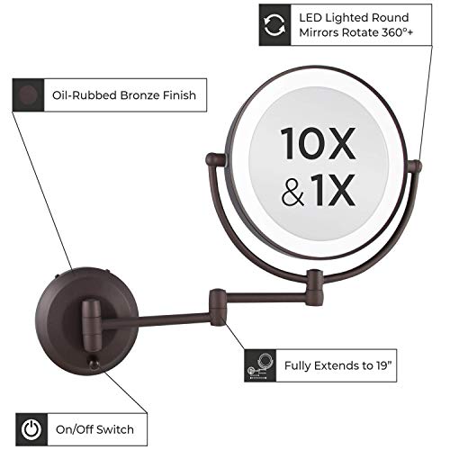 Zadro 9 Inch Wall Mount Beauty Mirror, LED Light Ring, Extendable Arm