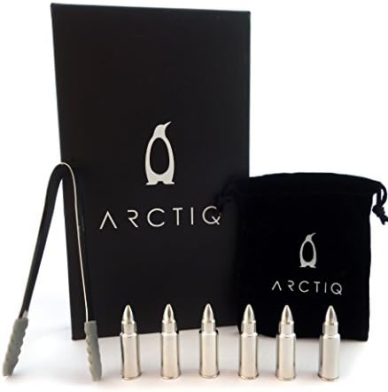Whiskey Stones Gift Set: SIX Bullet-Shaped Scotch Rocks | Bonus: Ice Cube Tongs & Pouch | Stainless Steel Whisky Drink Chillers by Arctiq