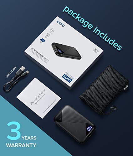 EAFU Portable Charger, LED Display Dual 3A High-Speed Power Bank with USB C, The Lightest 6000mAh External Phone Battery Pack Compatible with iPhone 12 11 Pro X 8 AirPods iPad Samsung S20 Google etc.
