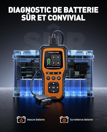Car Battery Booster with OBD2 Diagnostic, 7000A Car Starter (All Gas or 10.0L Diesel), French Diagnostic OBD with Voltage Tests, Booster with OBDII Diagnosis, Screen, Clip, LED