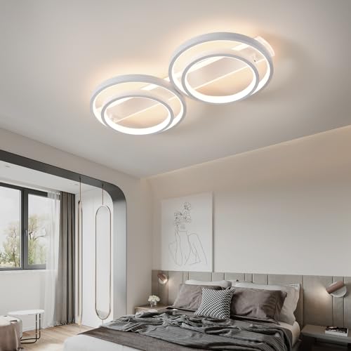 Modern LED Ceiling Light, 48W 3000K-6500K, 4 Rings Round Design Bedroom Lighting, Interior Decorative Light with Remote Control APP Dimmable, Chandelier Lamp for Living Room, Office, Kitchen, Hallway