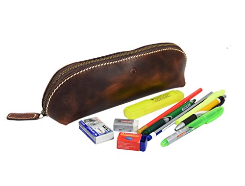 Vintage Leather Zippered Pen/Pencil Case | Classic Cylindrical Design Craft/Art Supplies Storing Kit | Portable Travel Cosmetics Makeup Pouch By Aaron Leather (Dark Brown) - Thumbnail 5
