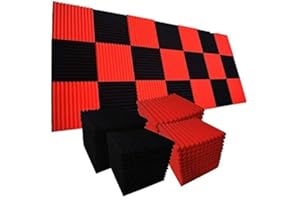 HJGFK2018 52 Pack Acoustic Foam Panels,1" x 12" x 12" Acoustic Wedge Studio Foam Sound Absorption Wall Panels (BLACK/RED)