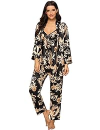 HOUSEPLANT pijama de satén de seda floral para mujer, 3 piezas, pijama de manga larga con cinturón