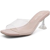 Shoe Land Clear Heels for Women | Kitten Heeled Slides with Square Open Toe | Low Transparent Mules Slip-On Dressy Clear Sandals for Prom, Party & Formal Events