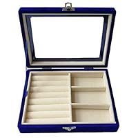 HerFav Jewelry Box Ring Organizer for Women with Clear Glass Lid Top, Blue