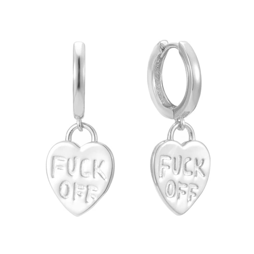 Personalized Words Heart Dangle Drop Small Huggie Hoop Earrings for Women Girls Small Hoops Cartilage Piercing Lightweight Dainty Fashion Charm Unique Cool Punk Teens BFF Jewelry (Silver)