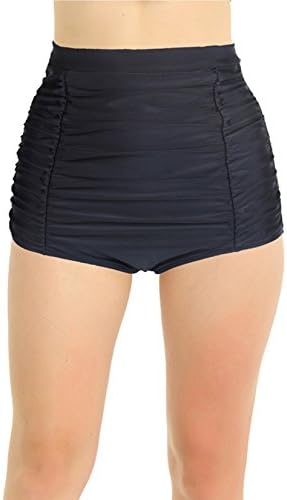 UNOW Women's Retro Shirred High Waisted Full Coverage Bikini Bottom Rushed Swimsuit Briefs Tankinis Shorts(Black,XL)