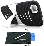 For BLU Life View L110 Rugged Arched Hybrid Kickstand Phone Cover Case with Stylus Pen and ApexGears (TM) Phone Bag (Black White)