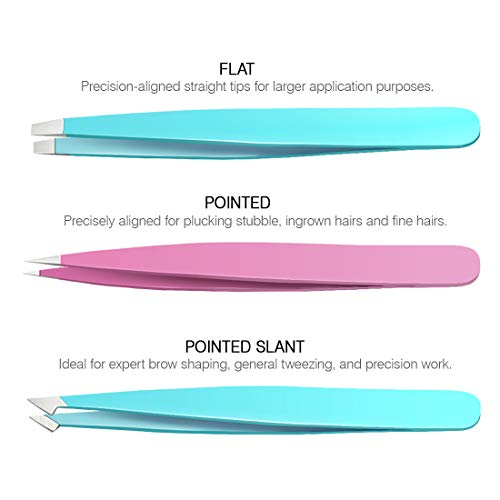 Tweezers Set 3-pcs, Professional Stainless Steel Tweezers, Great Precision for Eyebrow Hair, Facial Hair, Ingrown Hair Remover, (MultiColor)