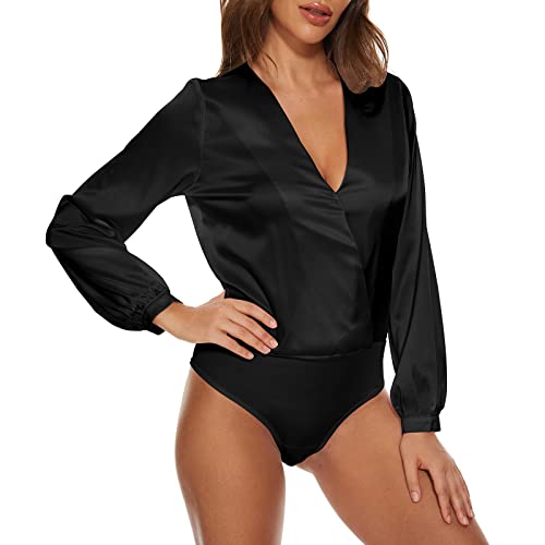 ouslee Women's Silky Wrap V Neck Long Sleeve Bodysuit Satin