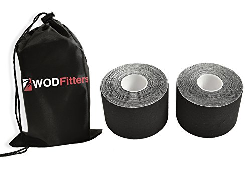WODFitters Pro Kinesiology Tape for Athletes - Waterproof - Extra Durable - 2" x 16.5' Uncut Therapeutic Tape - 2 Black Rolls with Carrying Bag