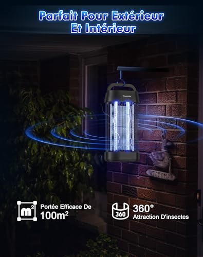 Lampe Anti Moustique 3000V, Tue Mouche Électrique UV 16W, Lampe Anti Mouche avec Crochet Portable, Sécurisé, Éco-Énergétique et Silencieuse, pour Intérieur et Extérieur (100m²)